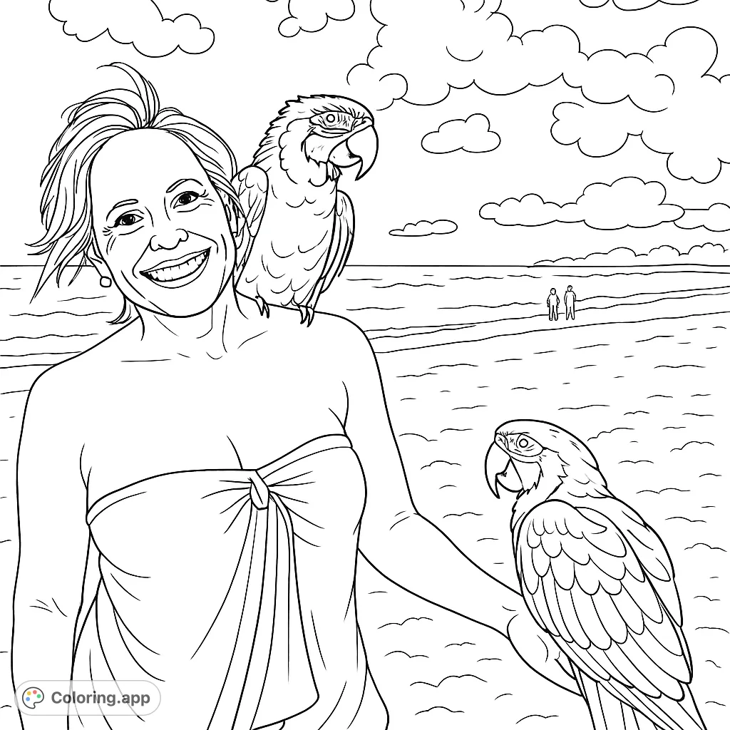 Experience a tropical paradise with this exotic parrots coloring page. A smiling woman interacts with two majestic birds on a sunny beach, perfect for all ages.
