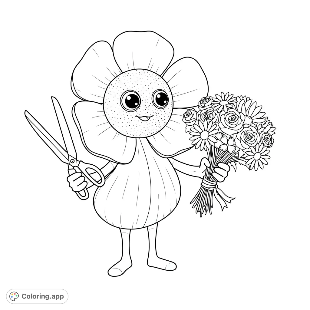 A charming googly-eyed buttercup character meticulously crafts a beautiful floral bouquet with shears, perfect for a whimsical coloring adventure.