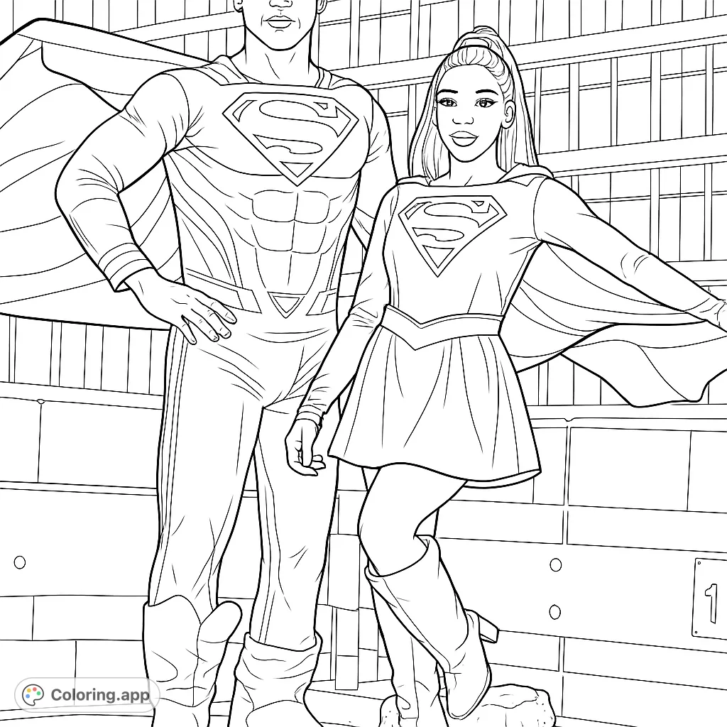 Unleash your creativity with this dynamic superhero duo coloring page. Featuring two iconic figures ready for action against an urban backdrop.