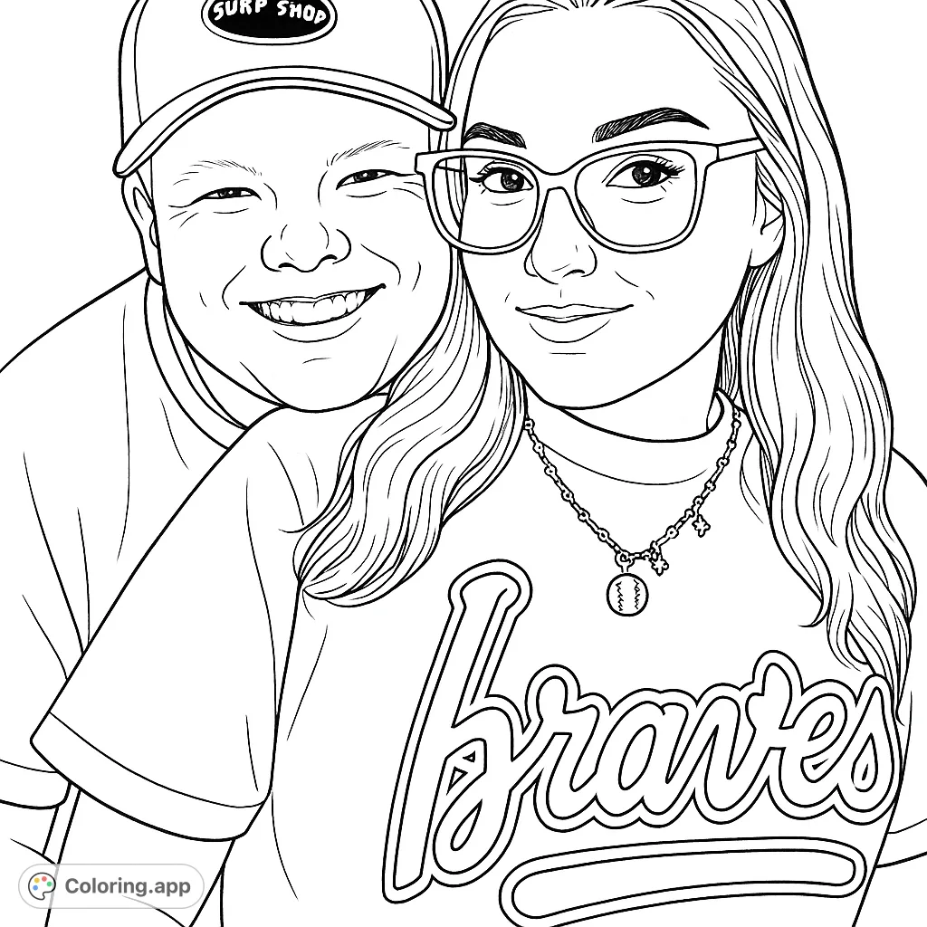 A heartwarming portrait of a couple embracing, featuring detailed clothing and accessories, perfect for a personalized coloring experience.