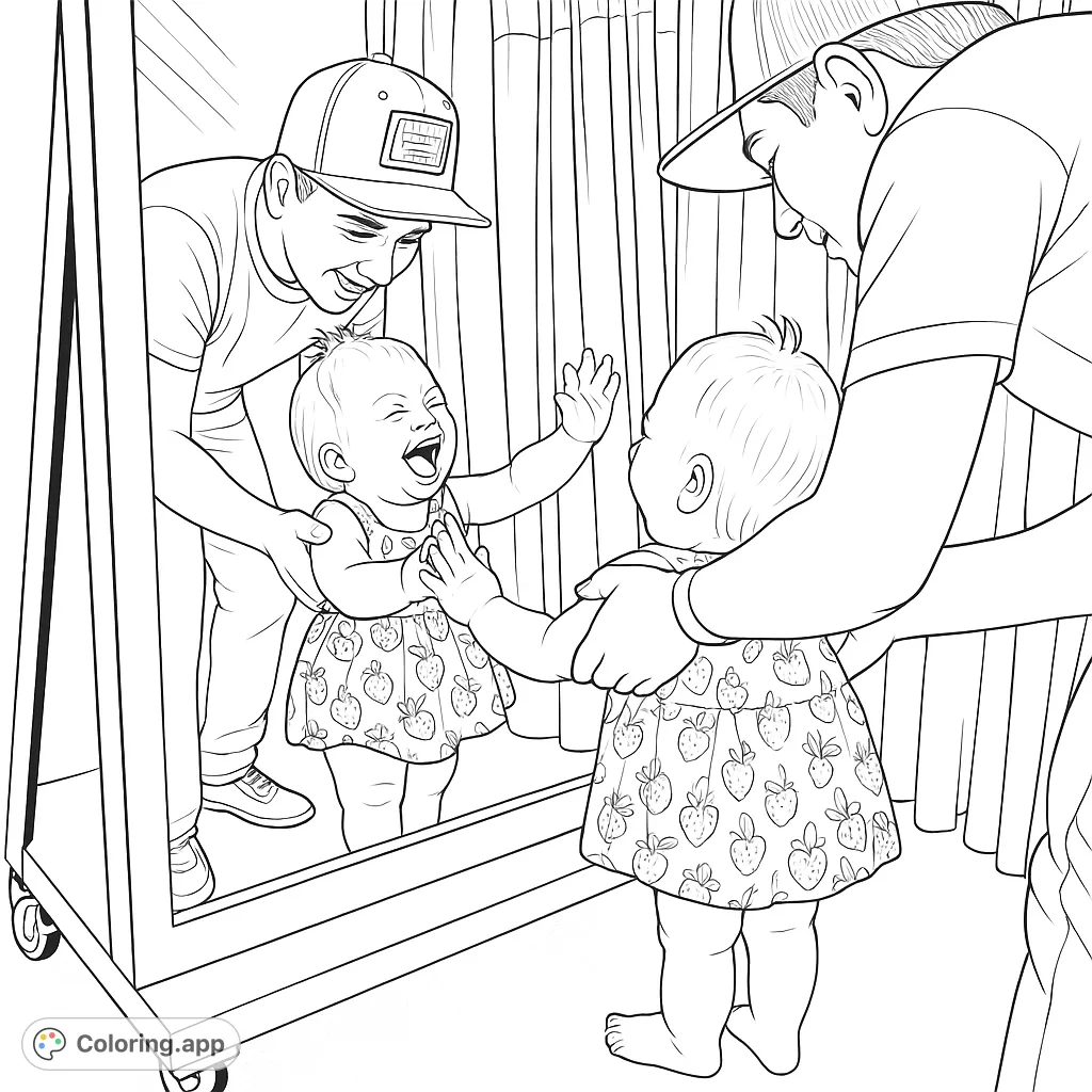Capture a heartwarming moment of a laughing toddler interacting with their reflection in a mirror, with an older child smiling nearby. A delightful scene for all ages.