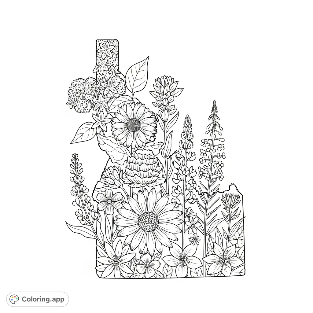 Explore Idaho's natural beauty with this intricate floral coloring page, featuring native Syringa, Balsamroot, Lupine, and more within the state's outline.