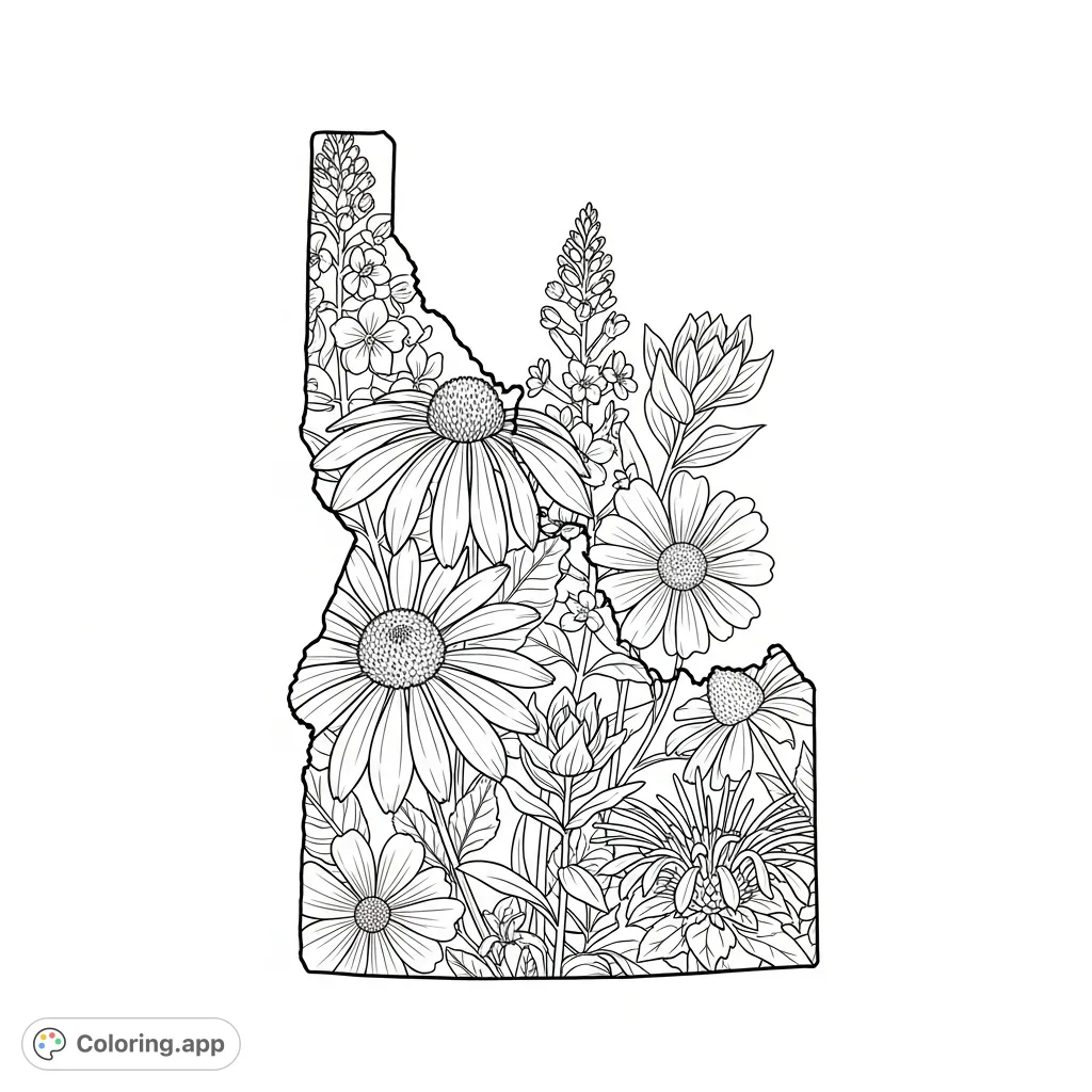 Explore Idaho's unique flora! This intricate coloring page features the state outline filled with beautifully detailed native wildflowers, perfect for nature lovers.