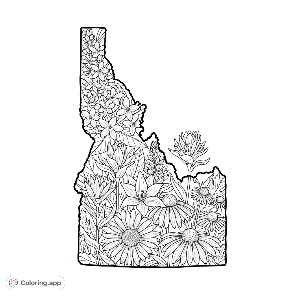 An intricate Idaho coloring page showcasing the state's outline filled with detailed native wildflowers like Syringa, Camas, and Balsamroot.
