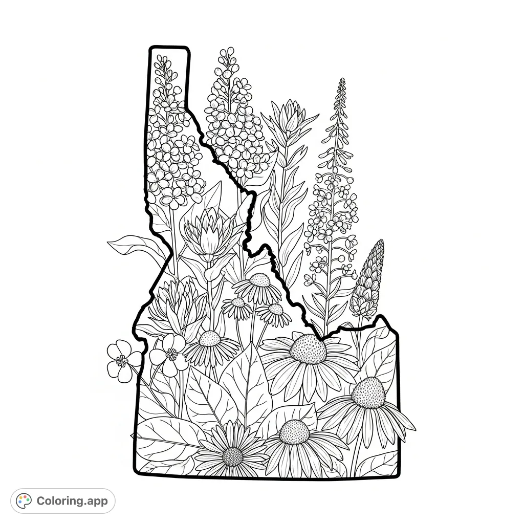 Discover a beautiful Idaho wildflowers coloring page featuring a detailed outline of the state filled with native blossoms. Perfect for nature lovers!