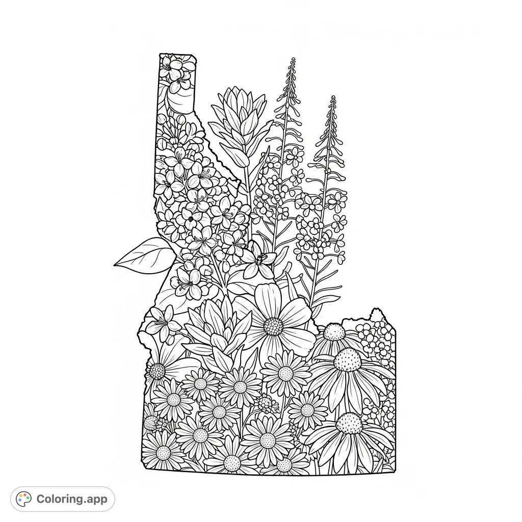 Discover Idaho's beauty with this intricate coloring page featuring a detailed outline filled with native wildflowers like Syringa and Indian Paintbrush.