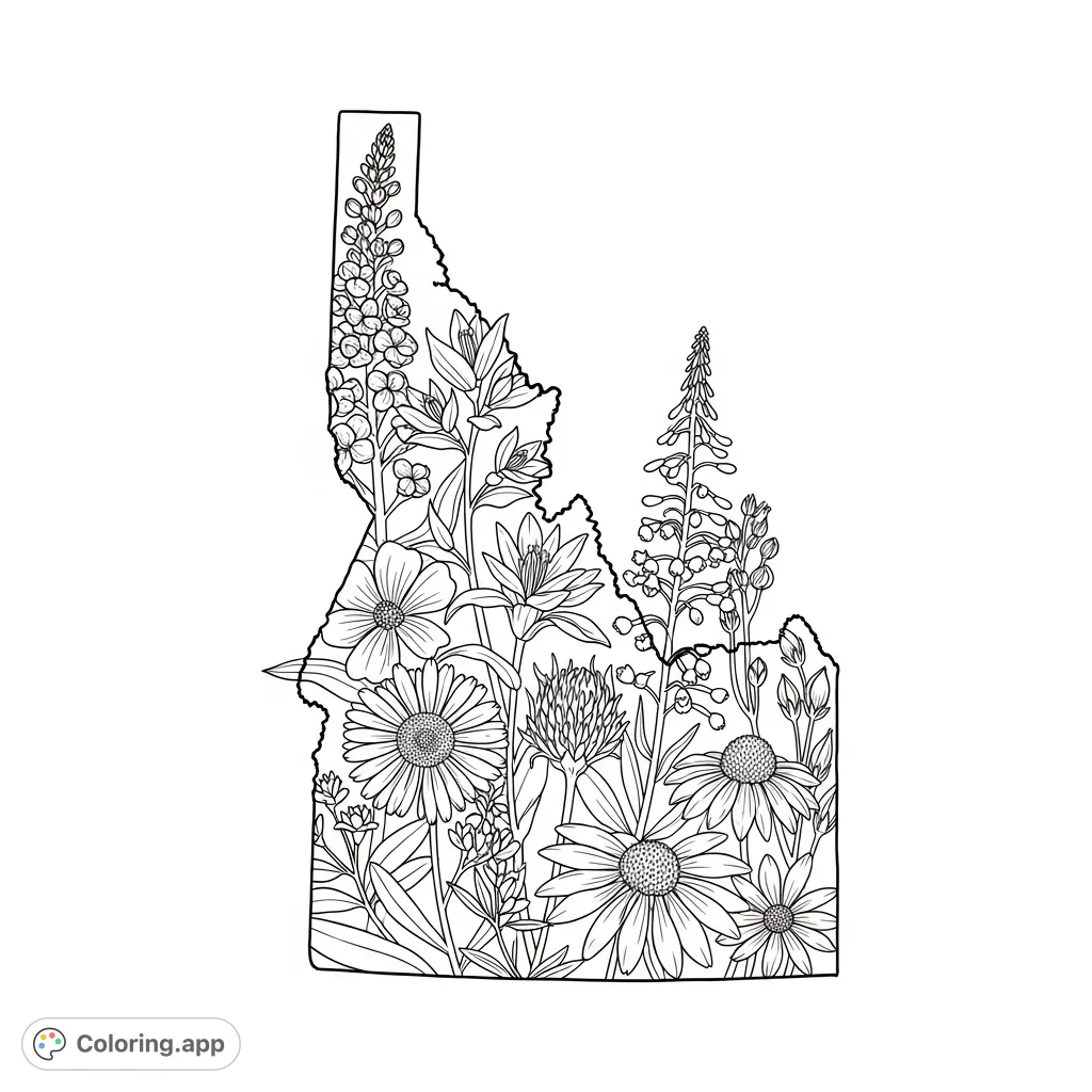 Explore Idaho's natural beauty! A detailed coloring page featuring a bold outline of the state filled with intricate native wildflowers like Syringa and Fireweed.