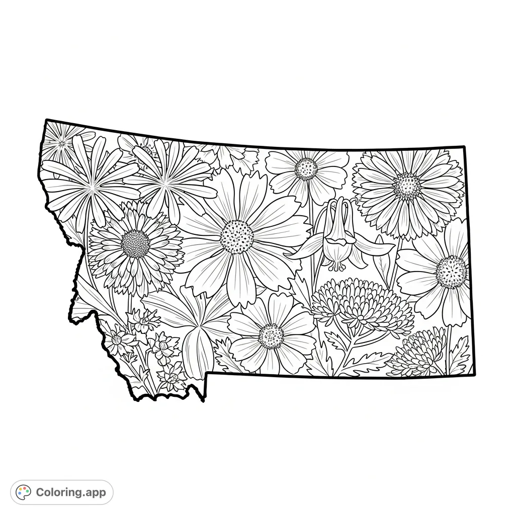 Discover the beauty of Montana's native wildflowers, including Lewisia and Gaillardia, blooming intricately within and around the state's bold outline.