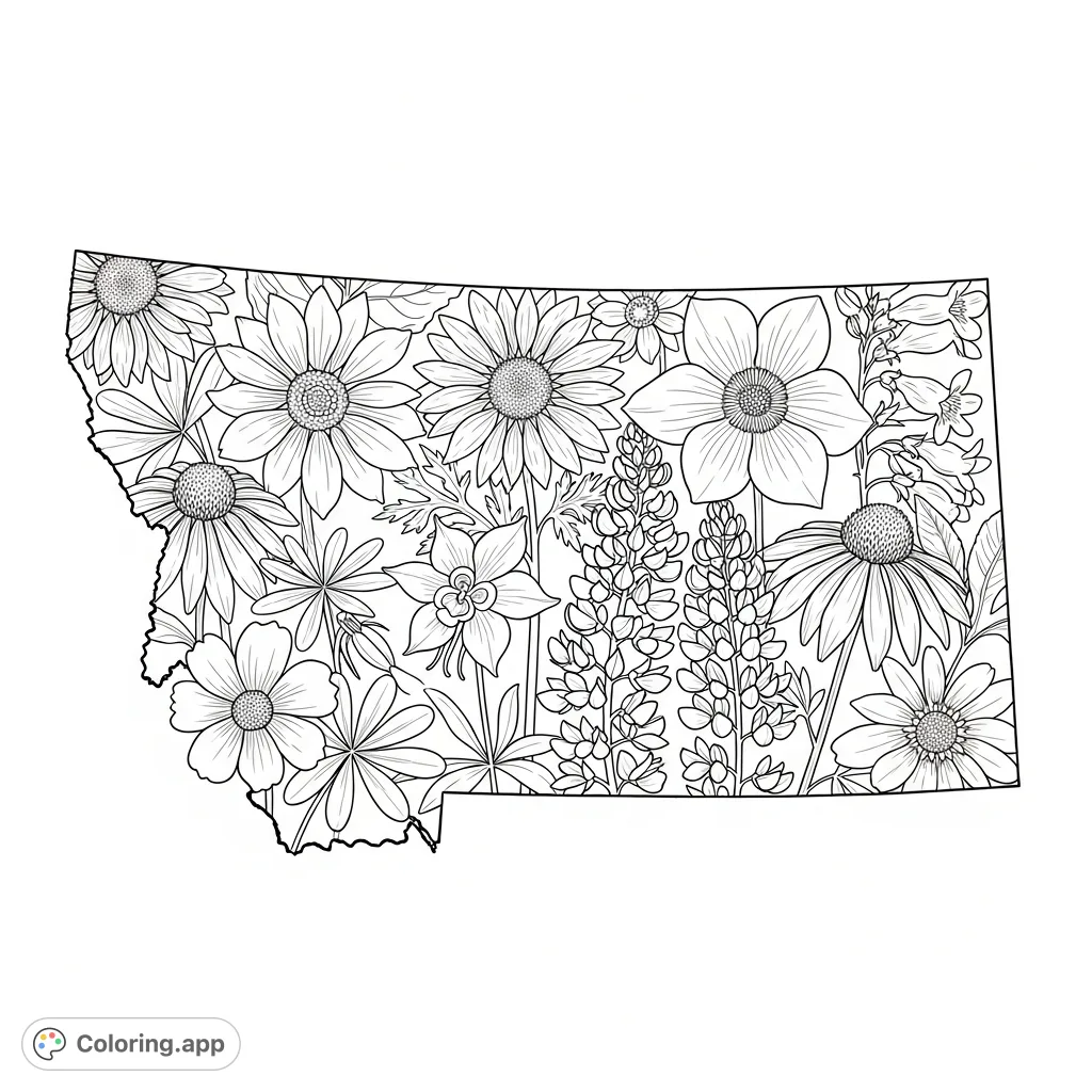 Explore the natural beauty of Montana with this intricate coloring page, filled with native wildflowers like Bitterroot, Lupine, and Penstemon.