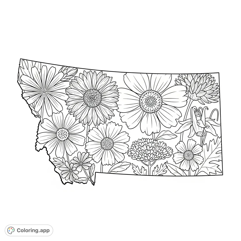 Explore Montana's natural beauty! A detailed state outline filled with intricate native wildflowers like Lewisia, Gaillardia, and Aquilegia, perfect for nature lovers.