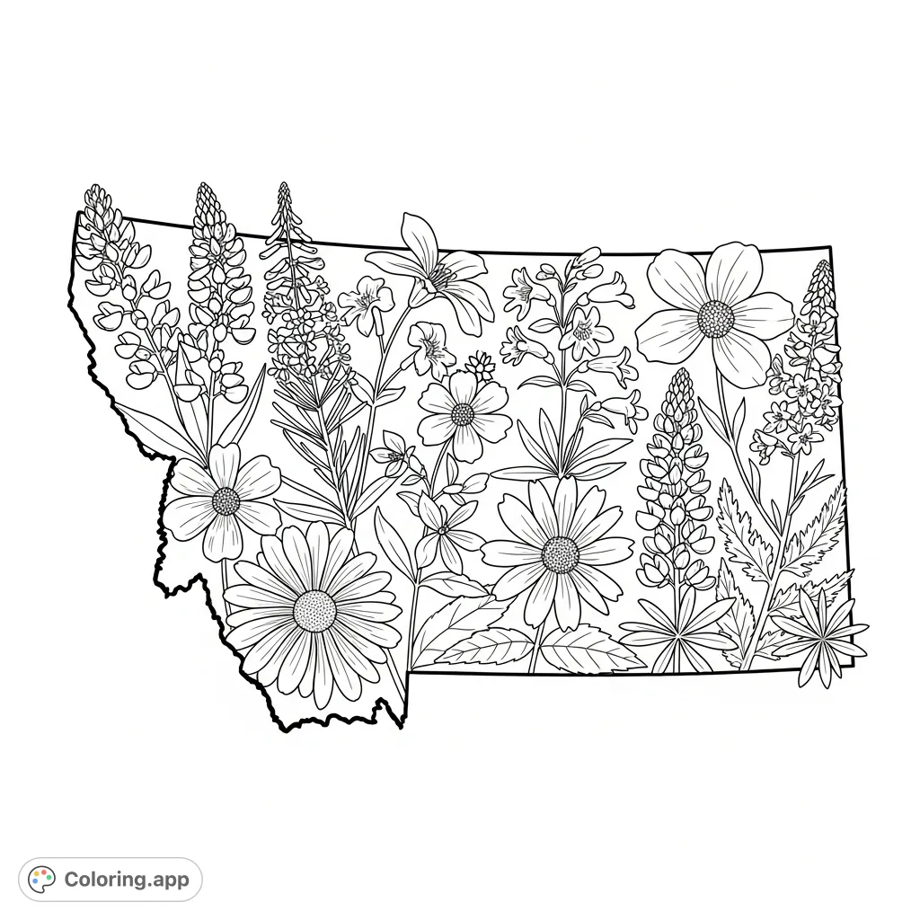 Explore Montana's beauty with a detailed outline filled with native wildflowers like Bitterroot and Lupine, offering a rich coloring experience.
