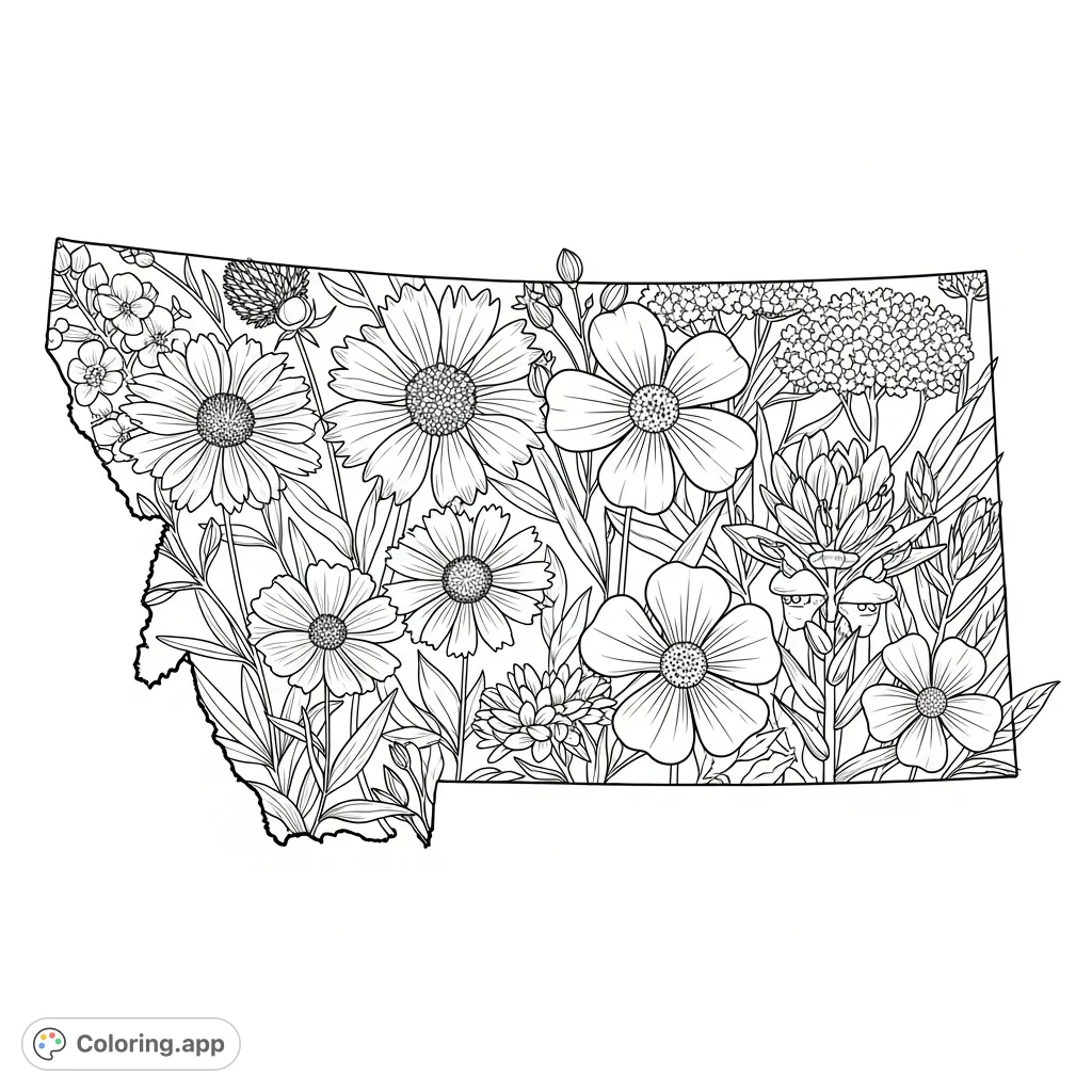 A detailed Montana outline filled with a lush tapestry of native wildflowers like Bitterroot and Indian Paintbrush. Perfect for nature lovers to color!