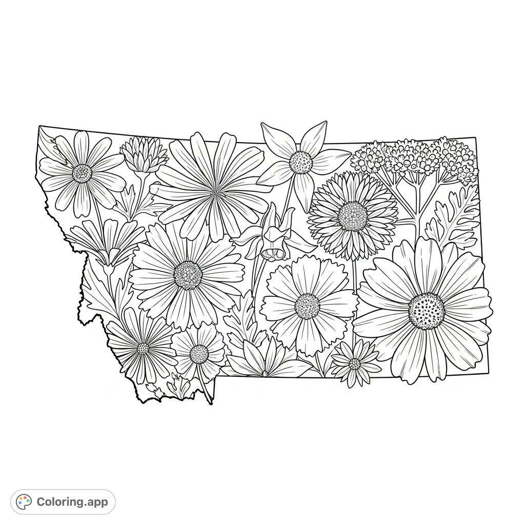 An intricate Montana coloring page filled with detailed native wildflowers like Lewisia, Gaillardia, and Aquilegia, perfect for nature enthusiasts.