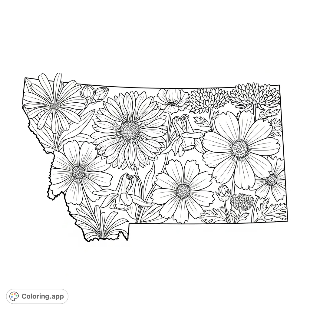 Discover Montana's beauty with this intricate coloring page, featuring detailed native wildflowers filling the state's iconic outline. A perfect nature coloring page.