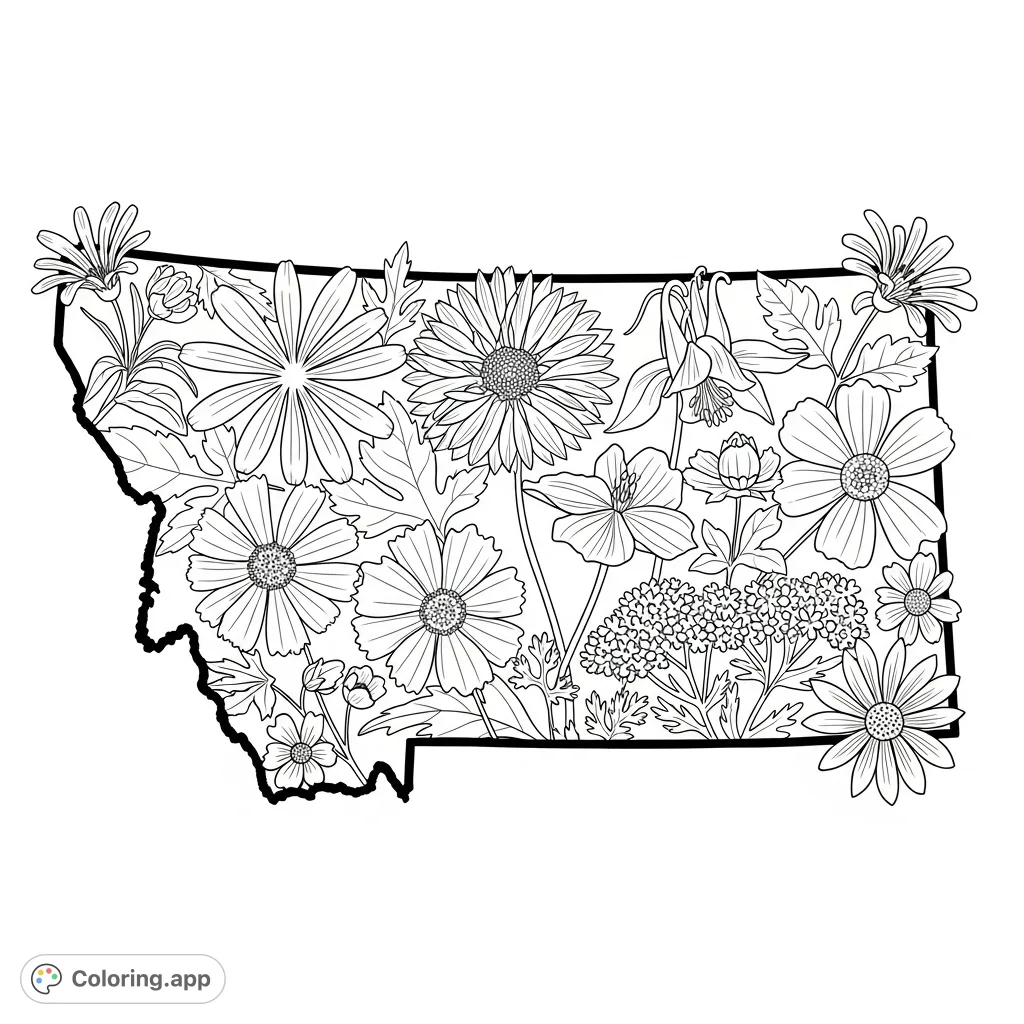 Discover a unique Montana coloring page featuring the state outline filled with intricate native wildflowers like Lewisia, Gaillardia, and Aquilegia.