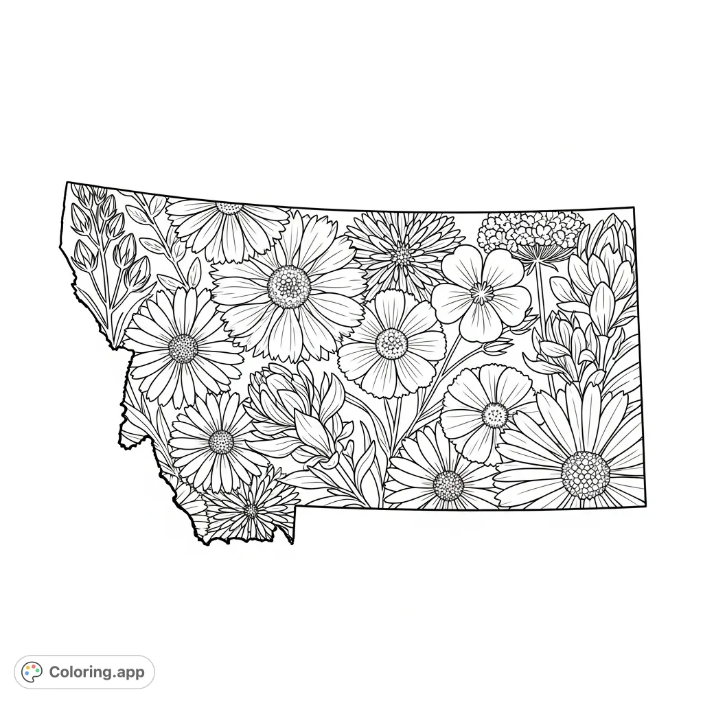 Explore Montana's botanical beauty! This intricate coloring page features the state outline filled with native wildflowers, perfect for detailed coloring.