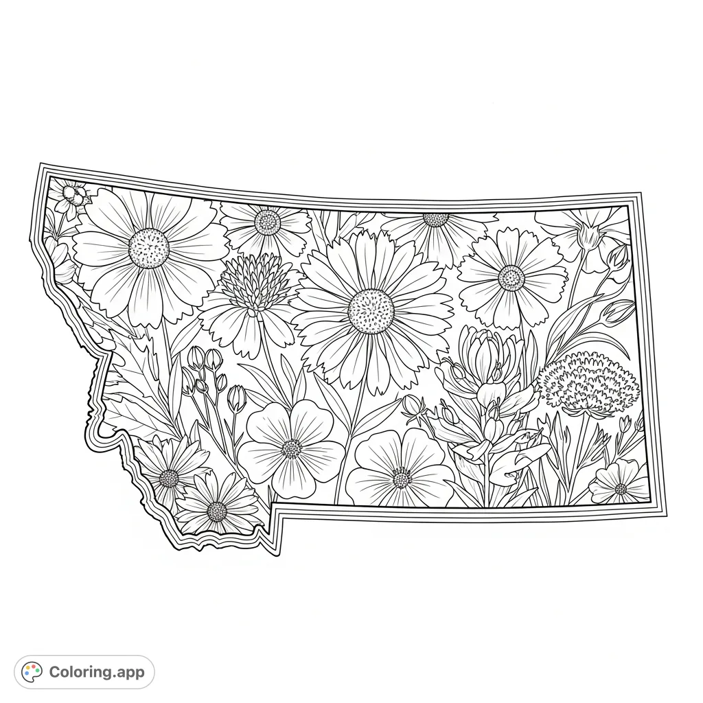An intricate Montana coloring page with a bold state outline filled with overlapping native wildflowers: Bitterroot, Gaillardia, Blue Flax, and more.