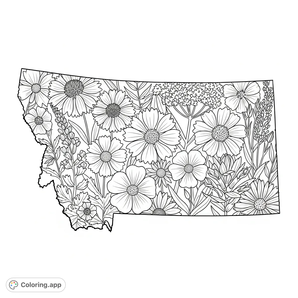 Discover a detailed Montana wildflowers coloring page. This intricate design features a bold state outline filled with native blooms for a challenging coloring experience.