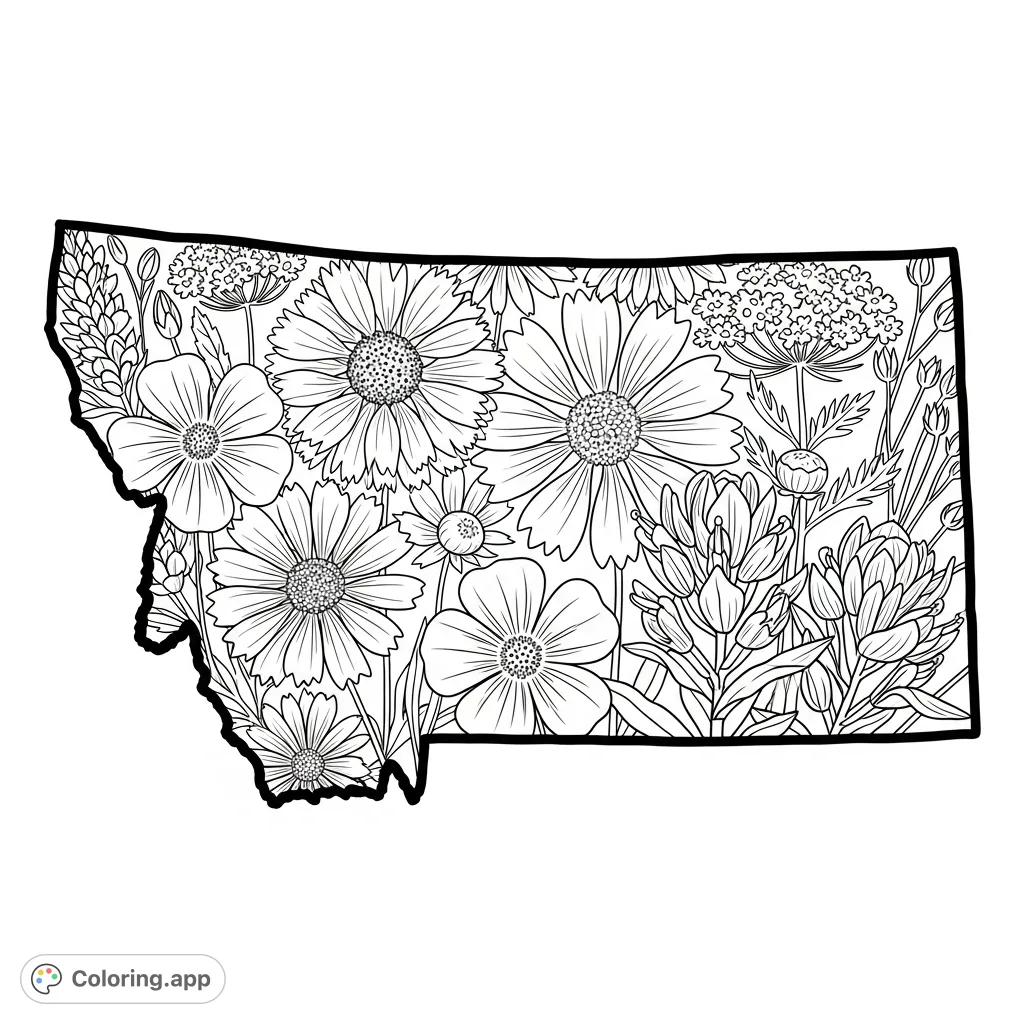Explore the vibrant beauty of Montana with this intricate coloring page featuring a detailed tapestry of native wildflowers inside the state outline.