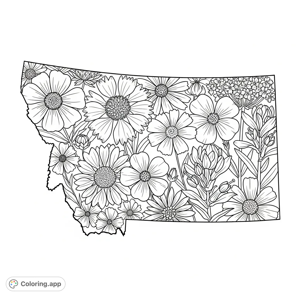 Explore the natural beauty of Montana with this intricate coloring page, featuring a state outline filled with native wildflowers for a detailed experience.