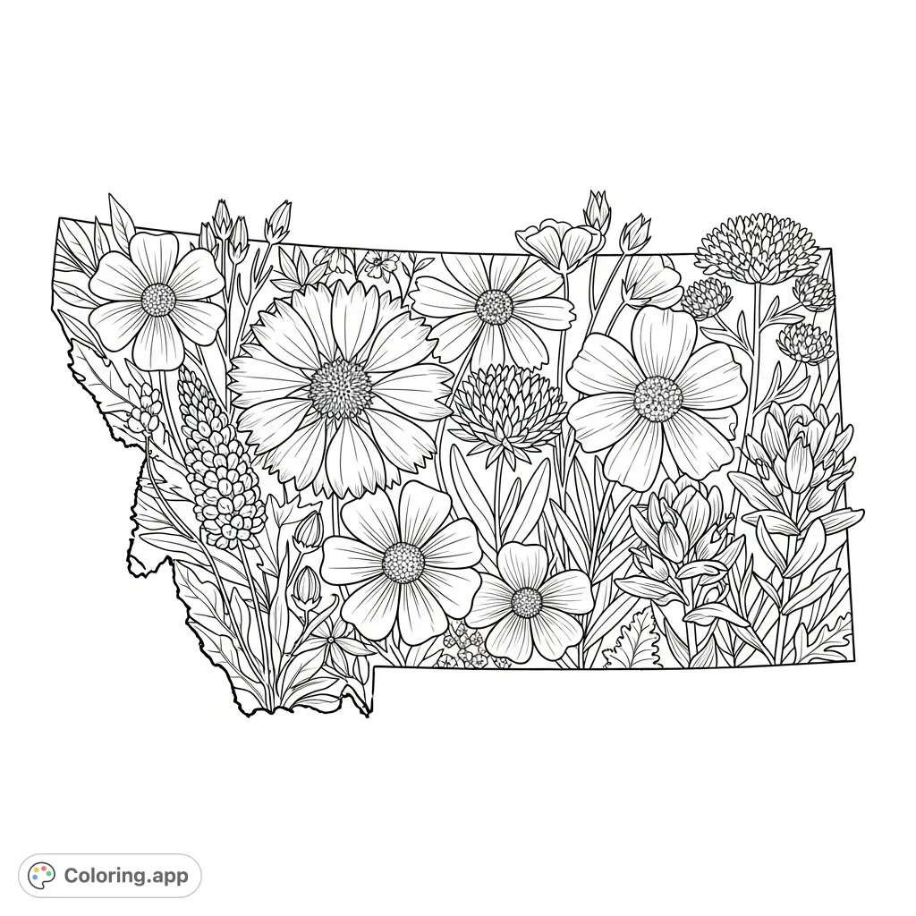 Discover a detailed Montana outline filled with a rich tapestry of native wildflowers like Bitterroot and Indian Paintbrush, offering a complex coloring challenge.