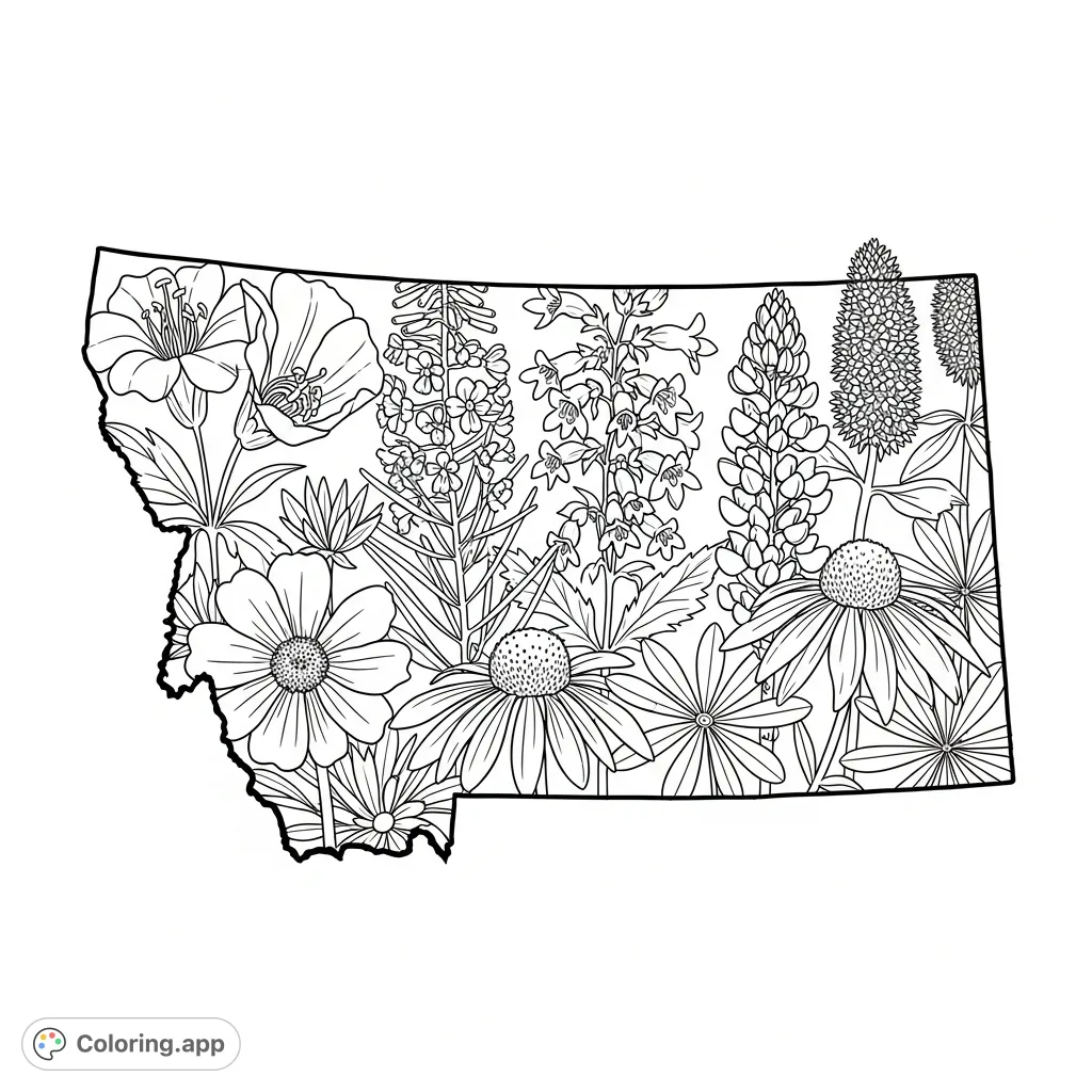 Explore Montana's natural beauty! A detailed coloring page featuring a bold outline of Montana filled with intricate, overlapping native wildflowers.
