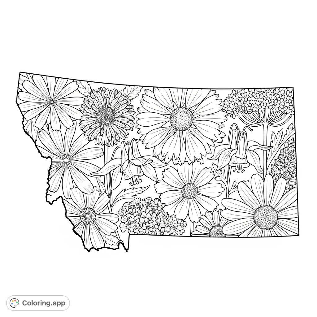 An intricate Montana wildflower coloring page featuring native blooms like Lewisia rediviva and Gaillardia Aristata, spilling beyond the state outline. A detailed, free printable coloring page for nature lovers.