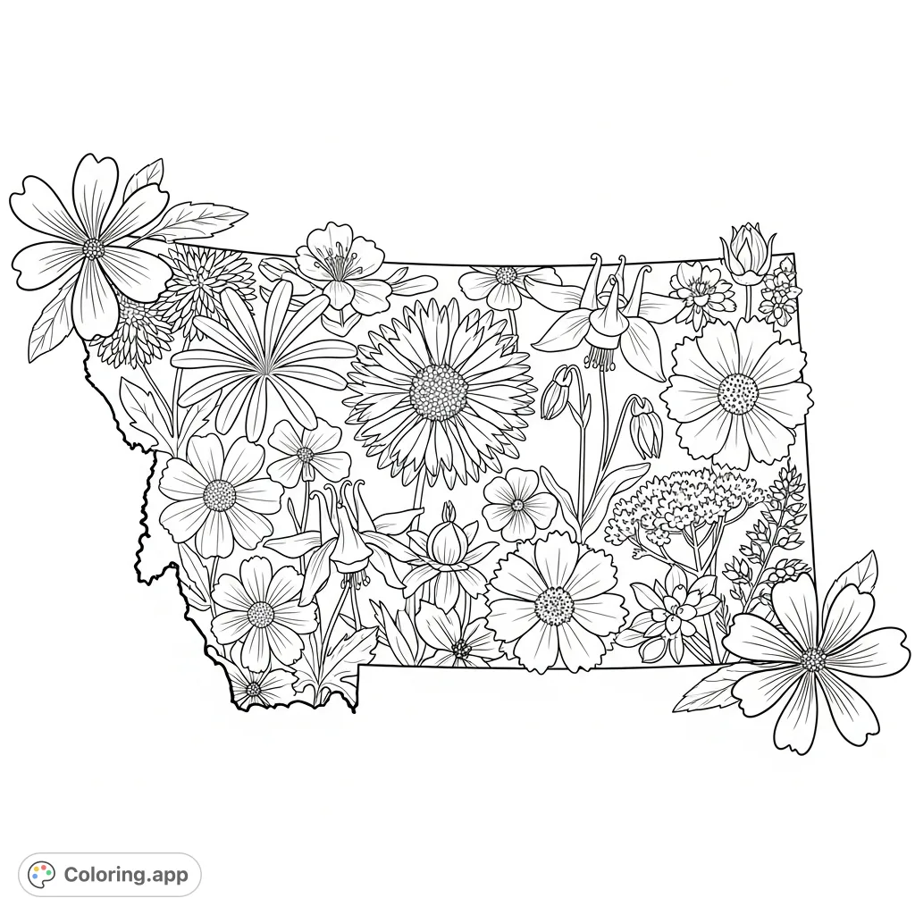 Explore the beauty of Montana's native wildflowers filling the state's outline. Intricate blooms like Lewisia and Aquilegia offer a detailed coloring journey.