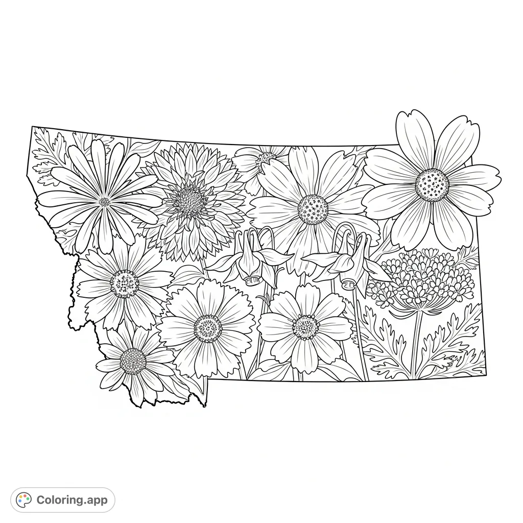 Discover Montana's beauty! An intricate coloring page featuring the state outline filled with six native wildflowers, each rendered with detailed petals and textures.