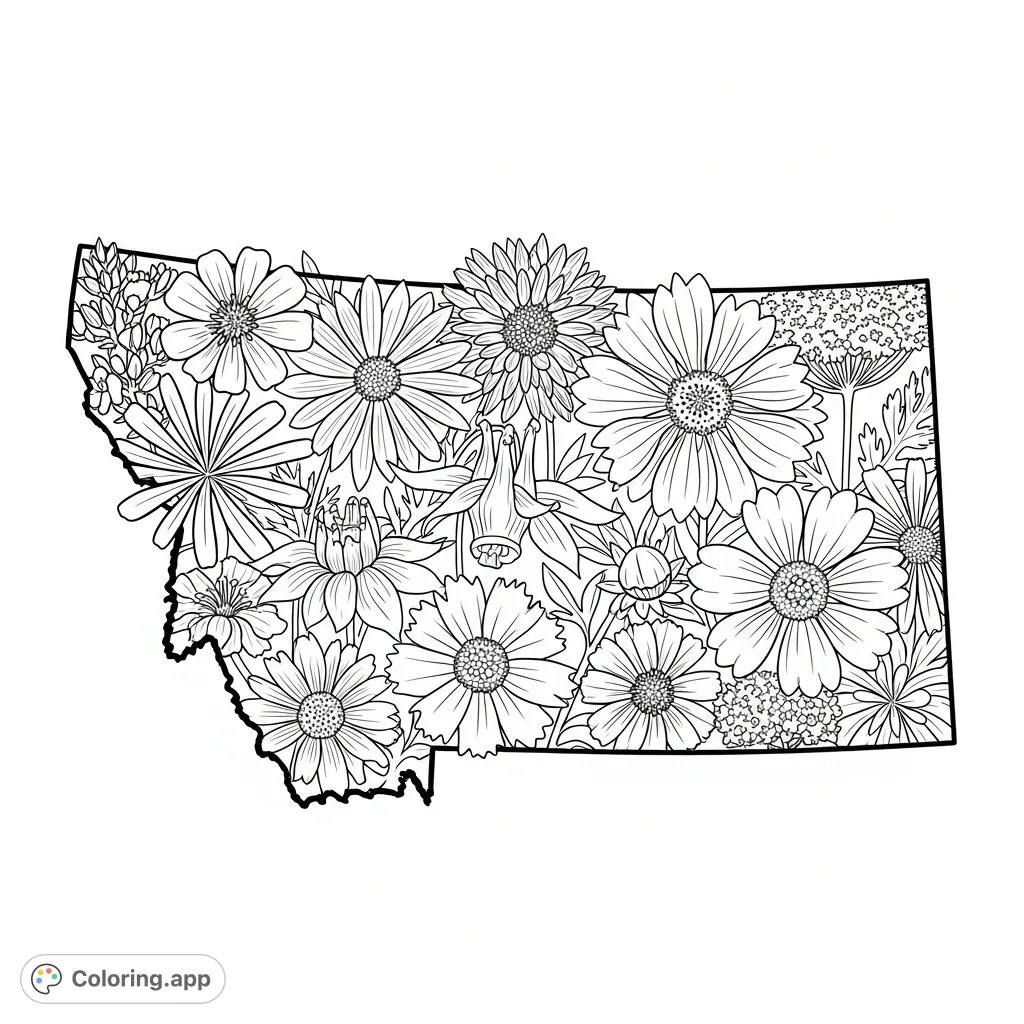 A captivating Montana coloring page featuring the state's outline filled with intricately detailed native wildflowers like Lewisia, Gaillardia, and Aquilegia.