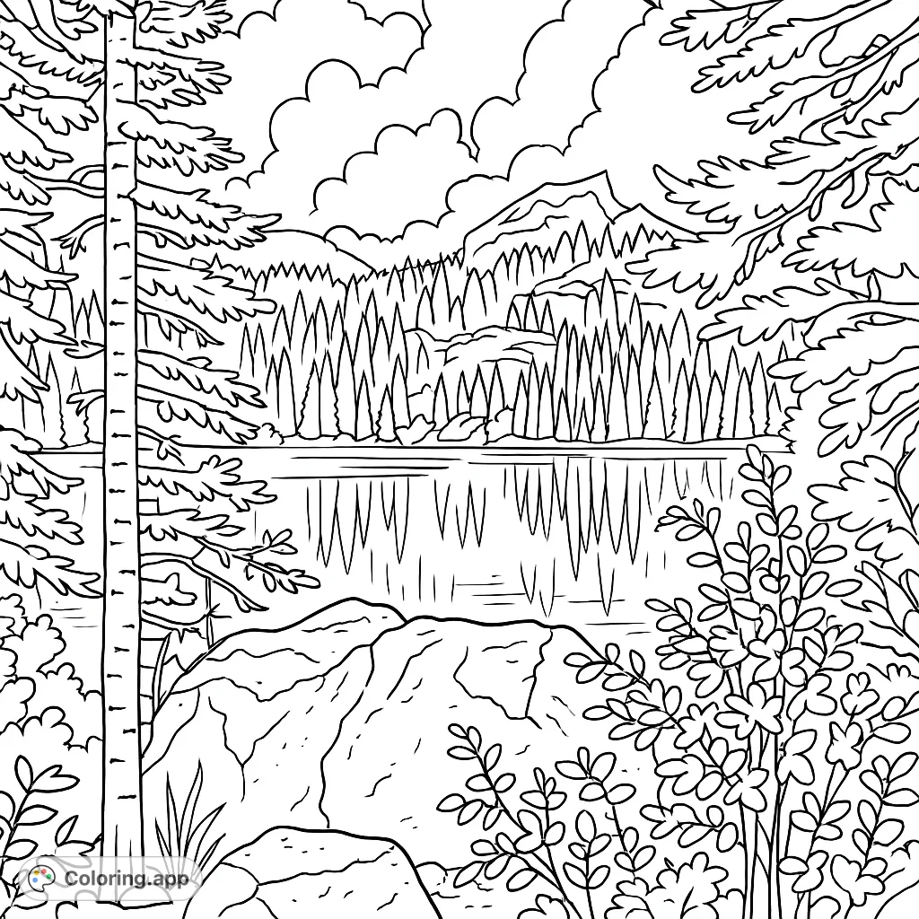 Serene mountain lake framed by towering trees and rugged rocks, inviting a peaceful nature coloring page experience. Perfect for relaxation.