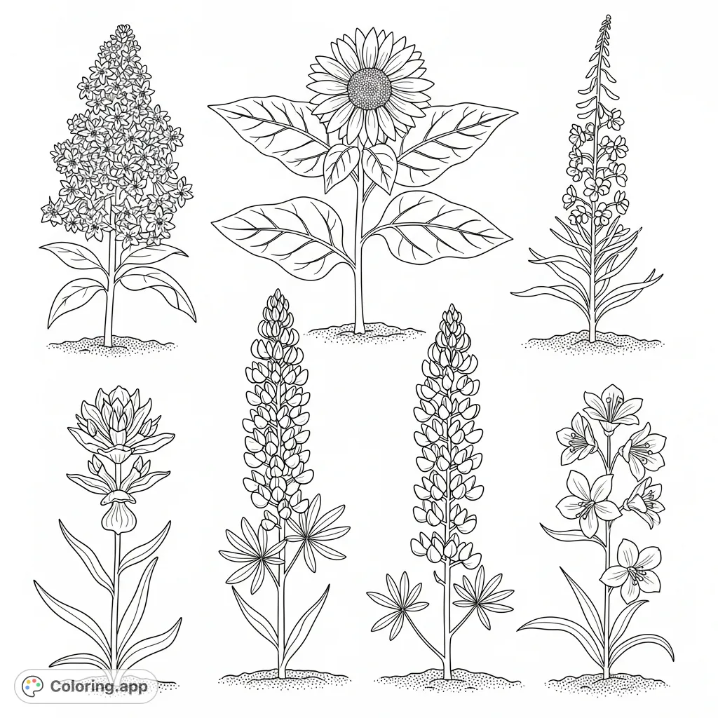 Discover a beautiful collection of six individual Northwestern wildflowers, featuring Syringa, Lupine, and Indian Paintbrush, ready for detailed coloring.