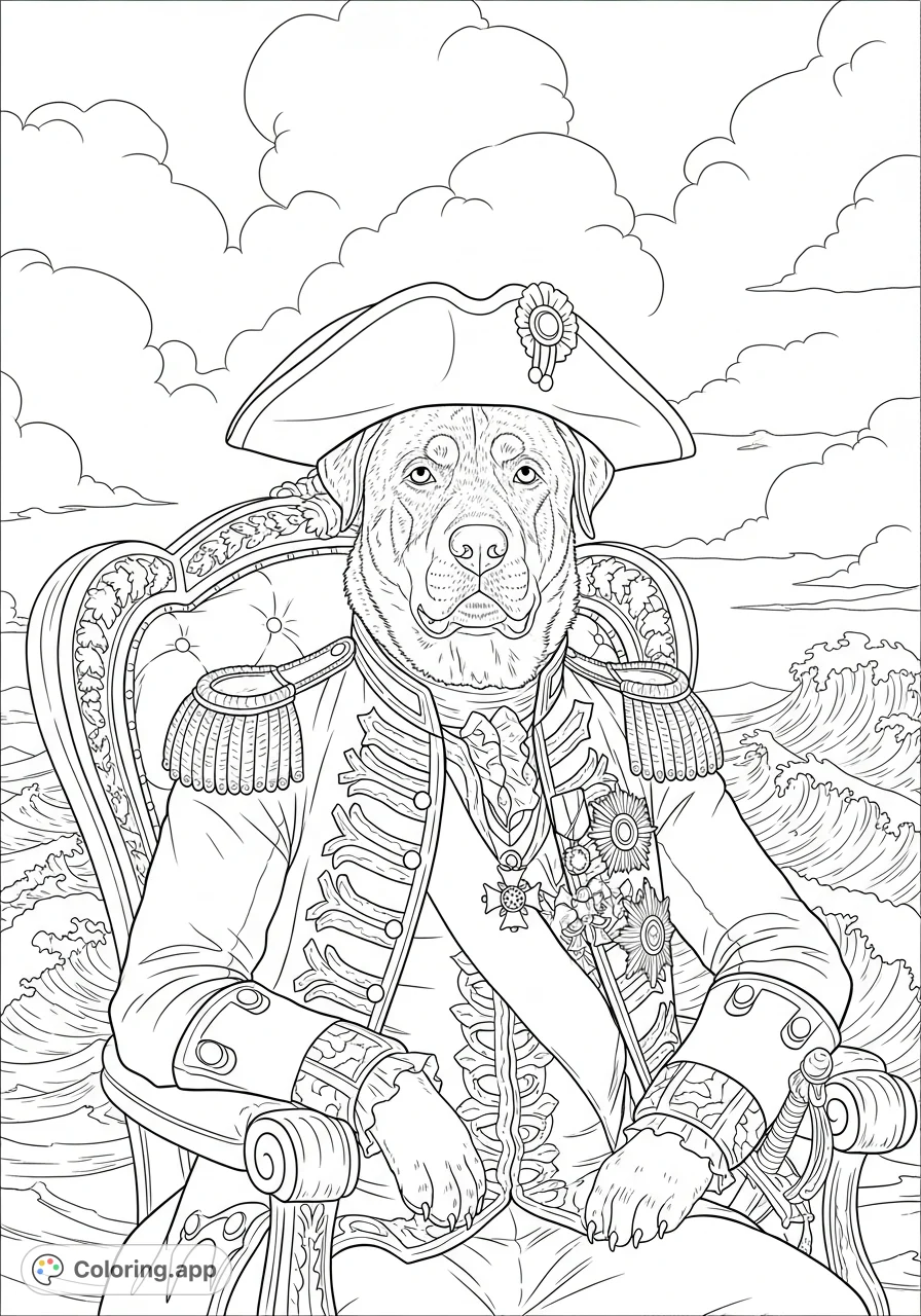 Capture the stately presence of a Rottweiler/German Shepherd mix admiral in a historical uniform, seated against a dramatic, stormy sea backdrop.