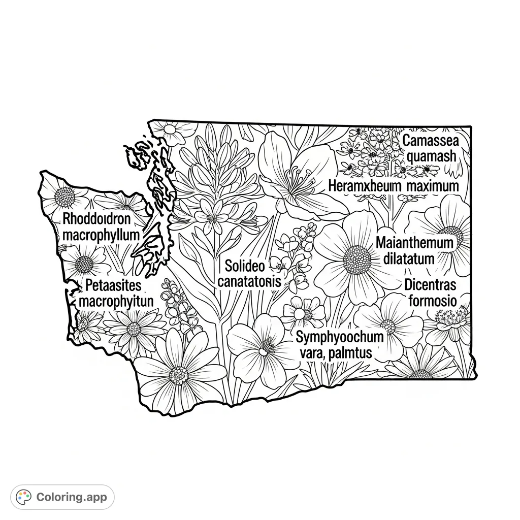 Explore the natural beauty of Washington with this intricate coloring page featuring a bold state outline filled with overlapping native wildflowers for a detailed experience.
