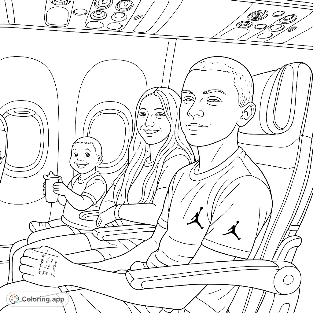 Capture the excitement of travel with this airplane cabin scene featuring three passengers. A fun, free printable travel coloring page for all ages.