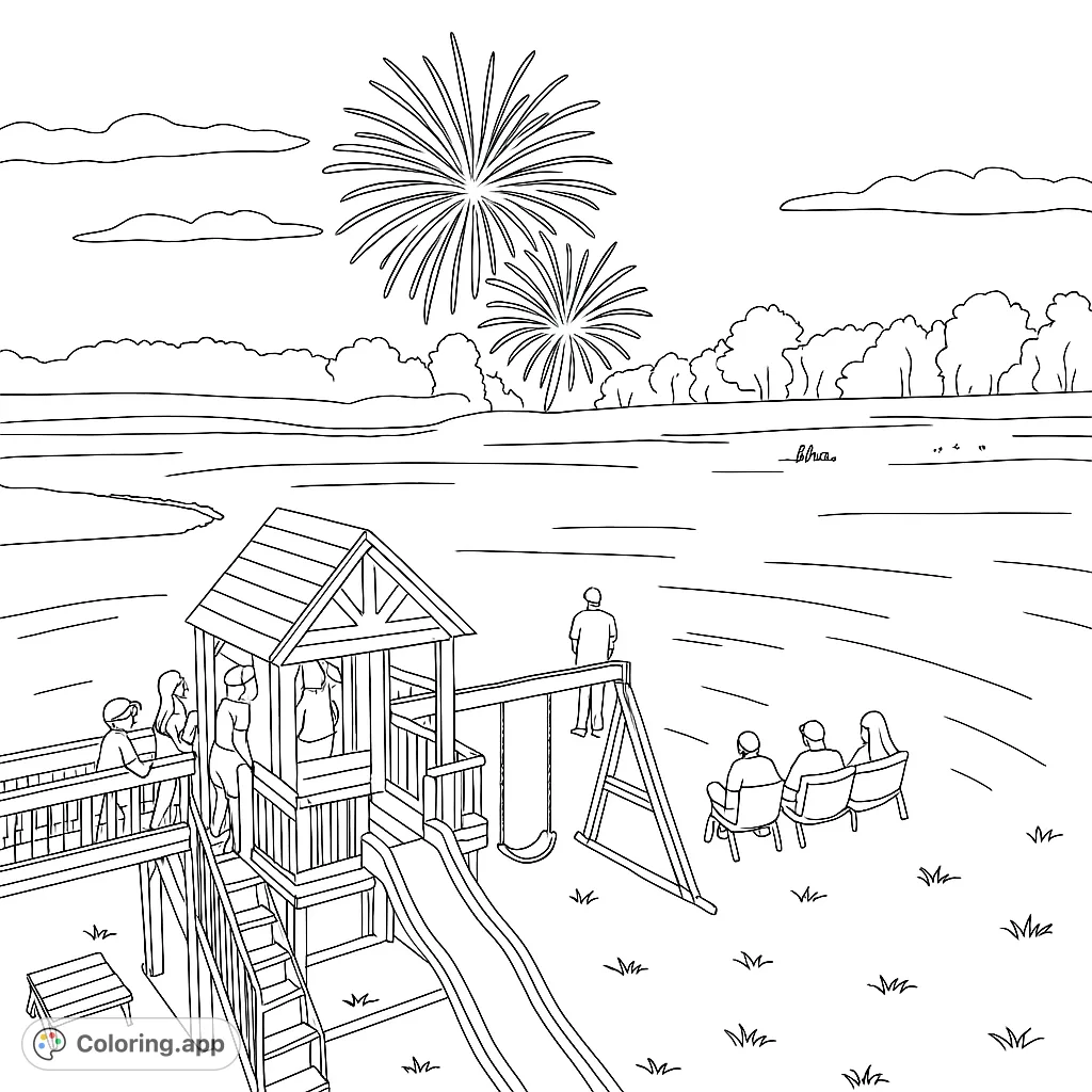 A lively backyard scene featuring a playset, people enjoying a gathering, and a spectacular fireworks display under the night sky.
