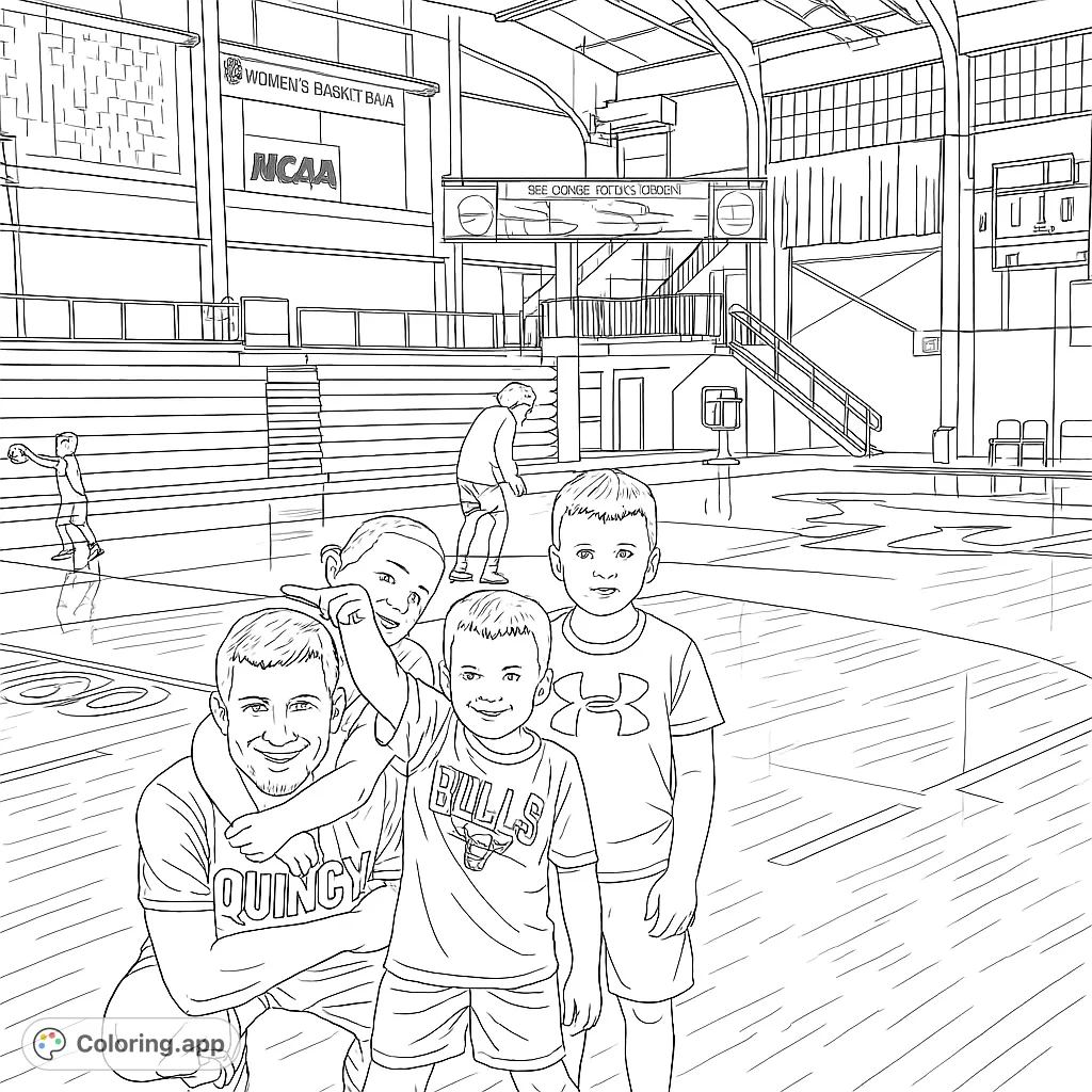 A fun basketball court scene featuring a group of friends, perfect for sports enthusiasts. Enjoy coloring the court details and happy faces!