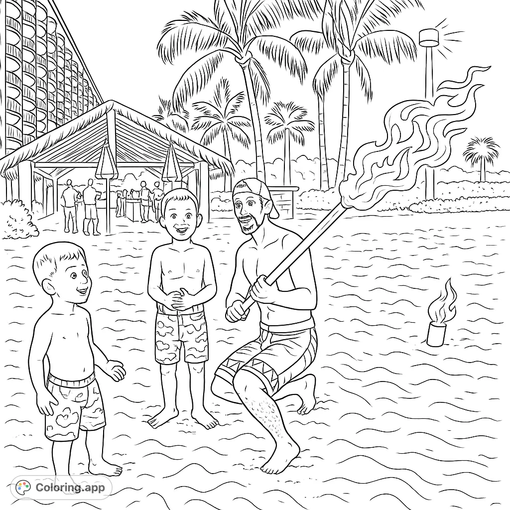 Experience a thrilling beach fire performance with a skilled artist and two captivated boys. A vibrant scene perfect for a tropical escape coloring page.