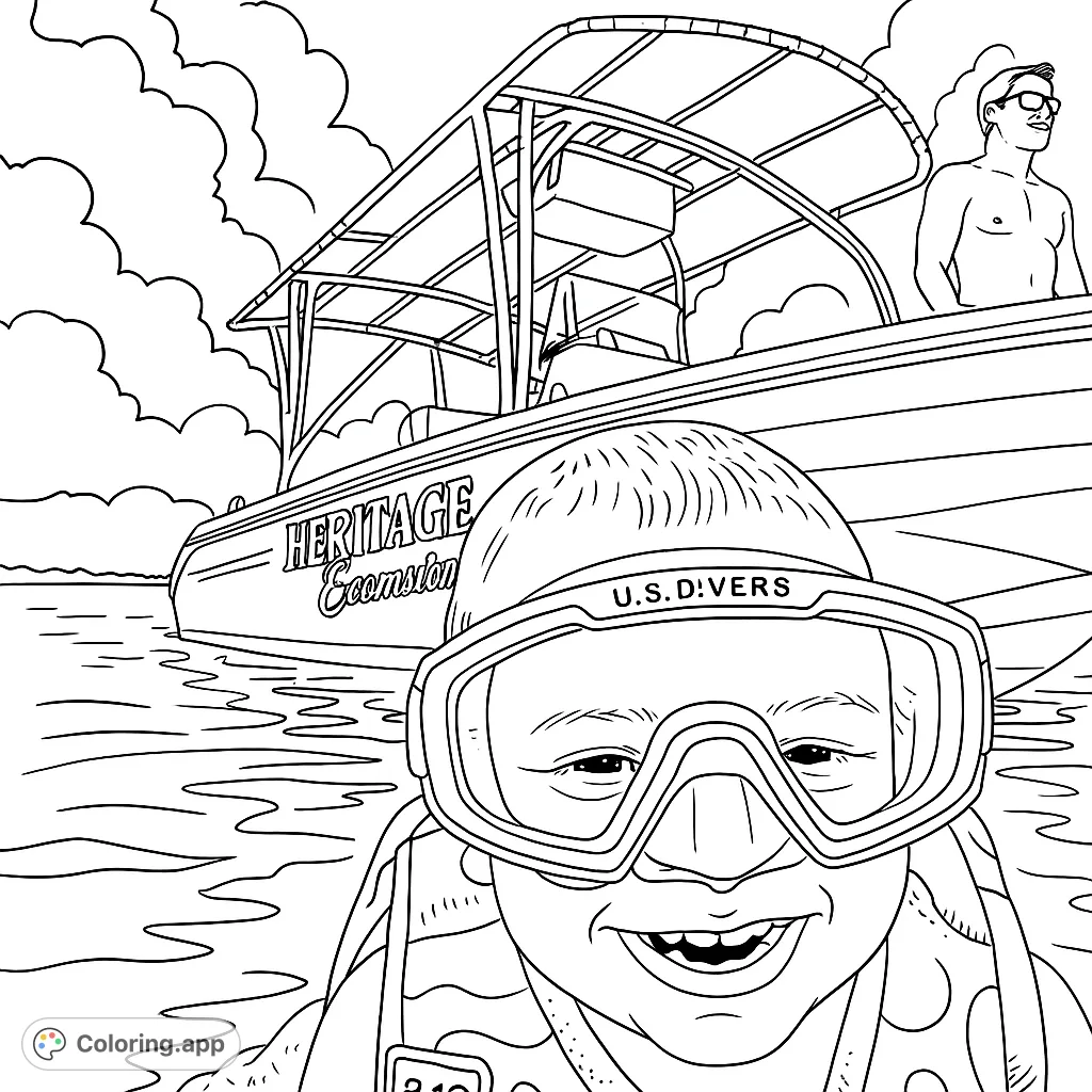 A joyful child in swim goggles and life vest enjoys water fun with a boat in the background. Perfect for a summer adventure coloring page.