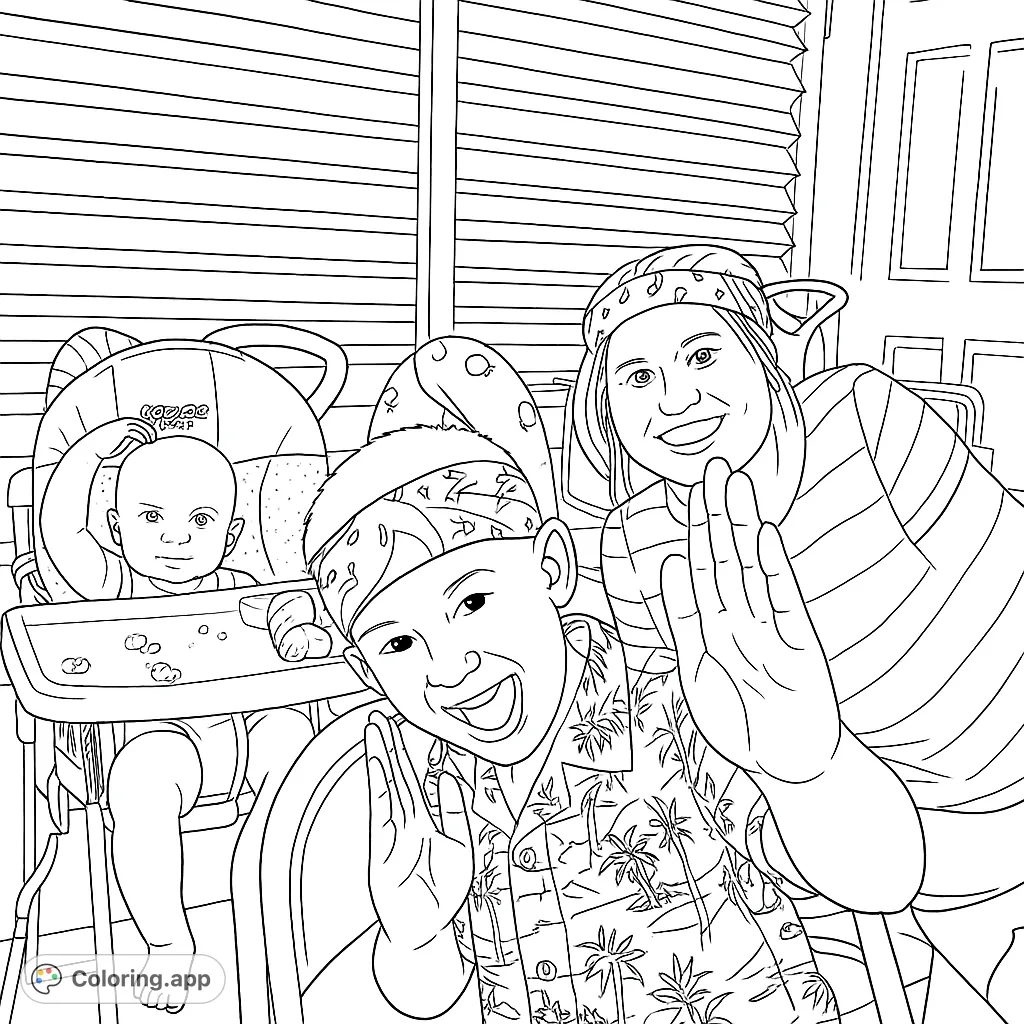 A joyful family scene featuring a smiling woman, an excited boy, and a cute baby in a high chair, perfect for a fun coloring activity.