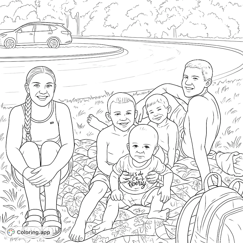 Capture a heartwarming outdoor family gathering with five smiling individuals of varying ages. Perfect for personalizing and celebrating connections.