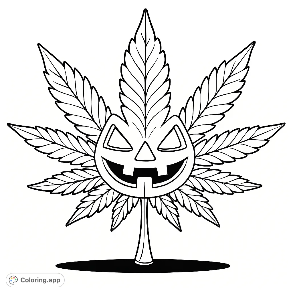 A unique Halloween cannabis leaf coloring page featuring a fun jack-o'-lantern face. Perfect for adult colorists seeking a festive, distinct design.