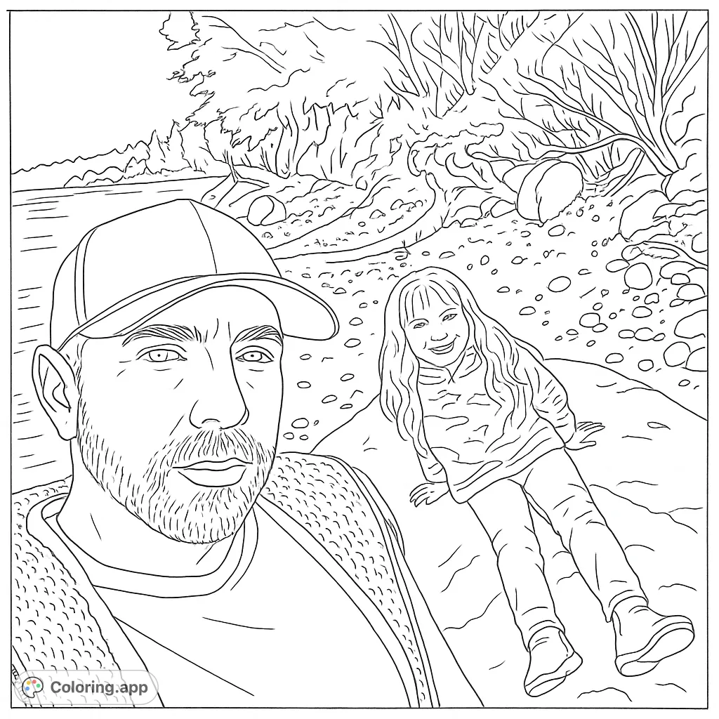 A heartwarming scene of a man and child enjoying a day on a rocky beach, perfect for a relaxing and realistic coloring experience.