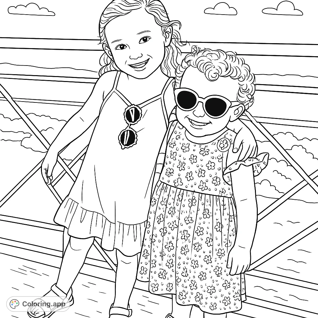 Capture a heartwarming moment with two smiling girls, one wearing cool sunglasses, standing by a railing. Perfect for family fun!