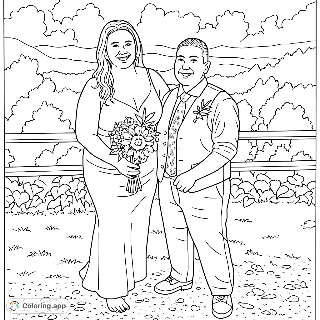 A joyful couple celebrating their union outdoors with a majestic mountain backdrop, perfect for a wedding-themed coloring page.