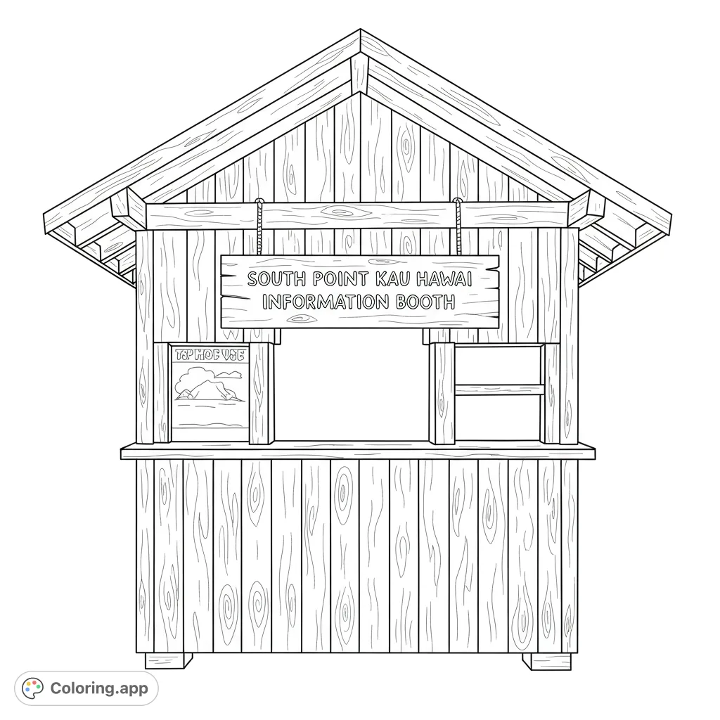 A charming rustic information booth with a sloped roof and textured wooden planks, featuring a prominent sign. Perfect for a relaxing coloring experience.