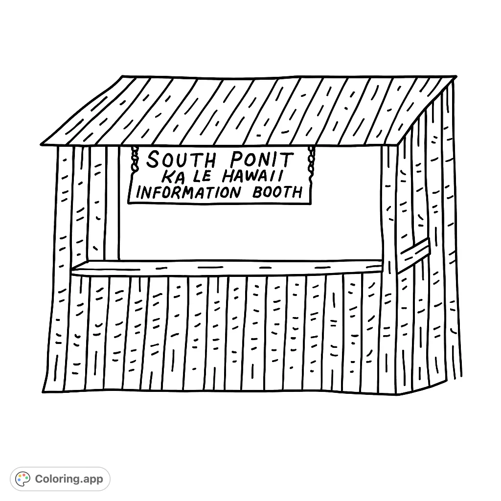 Color a rustic information booth with a detailed sign, perfect for a tropical or travel-themed coloring page. Free printable design.