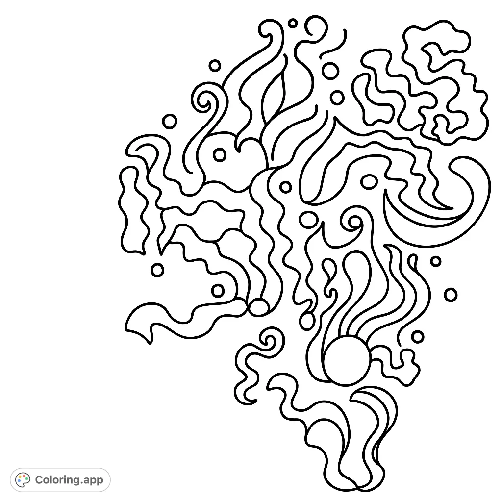 Explore an intricate abstract design featuring flowing lines, organic shapes, and playful swirls. A captivating free printable coloring page for creative expression.