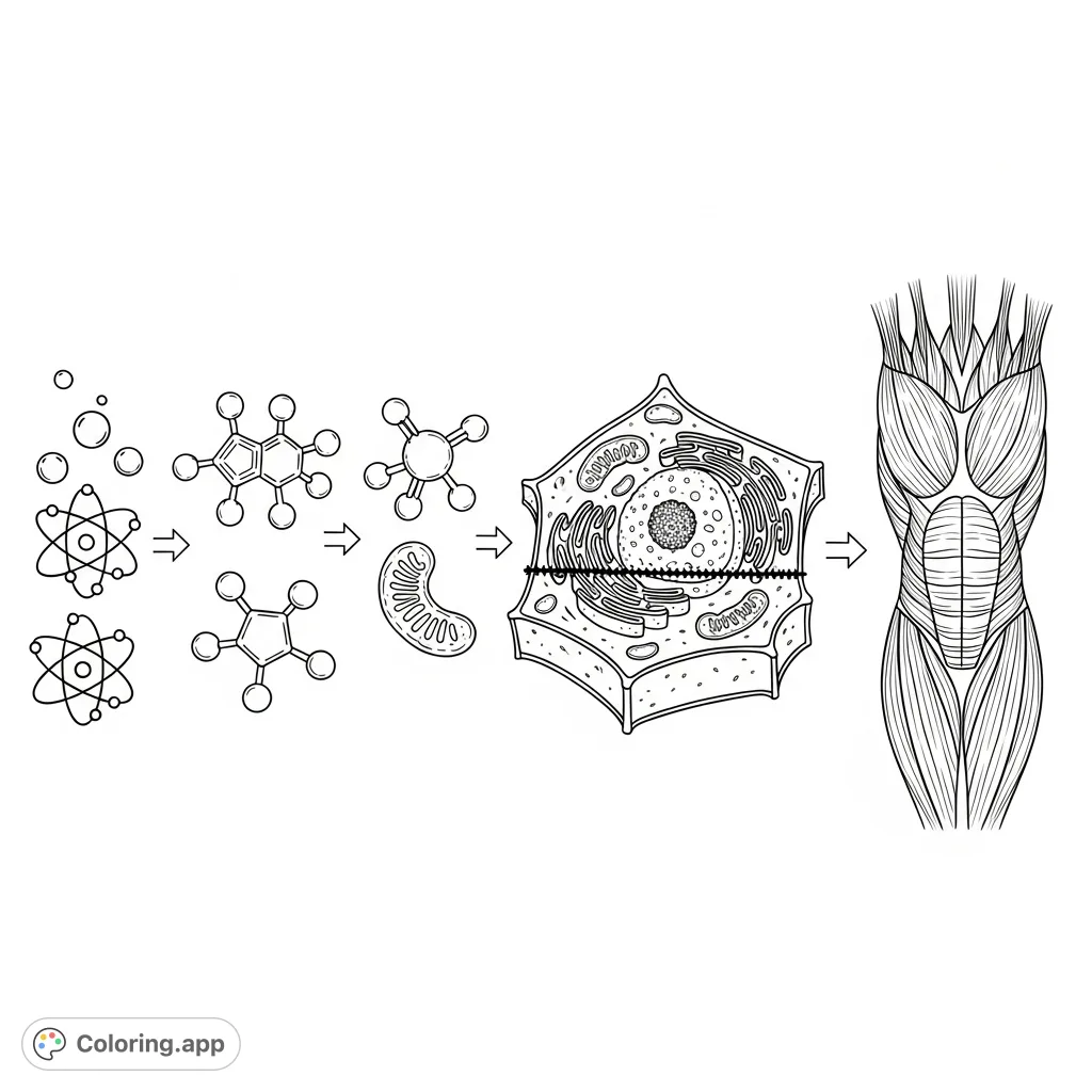 Explore the intricate journey from fundamental atoms to complex muscle tissue in this detailed scientific coloring page, perfect for biology enthusiasts.