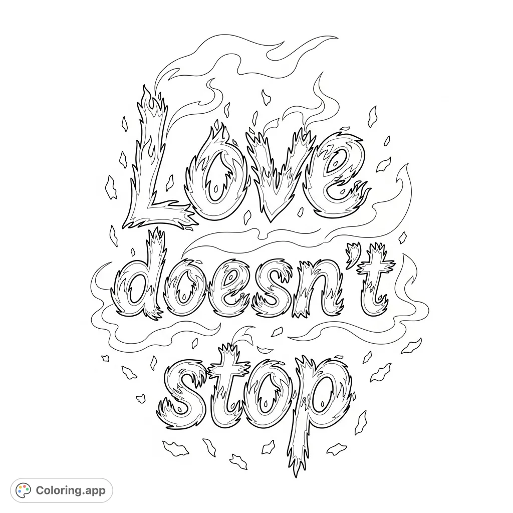 A powerful message of enduring love, depicted with letters engulfed in dynamic flames and swirling smoke, ready for vibrant coloring.